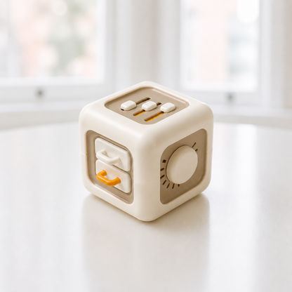 Colorful TurtleBee Busy Cube Montessori toy with spinning and sliding features for sensory play and fine motor skill development.