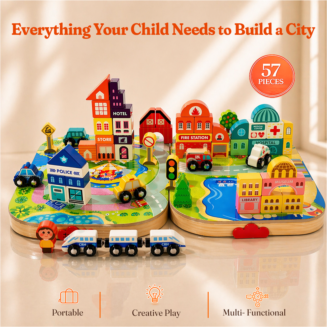Wooden city building set for kids