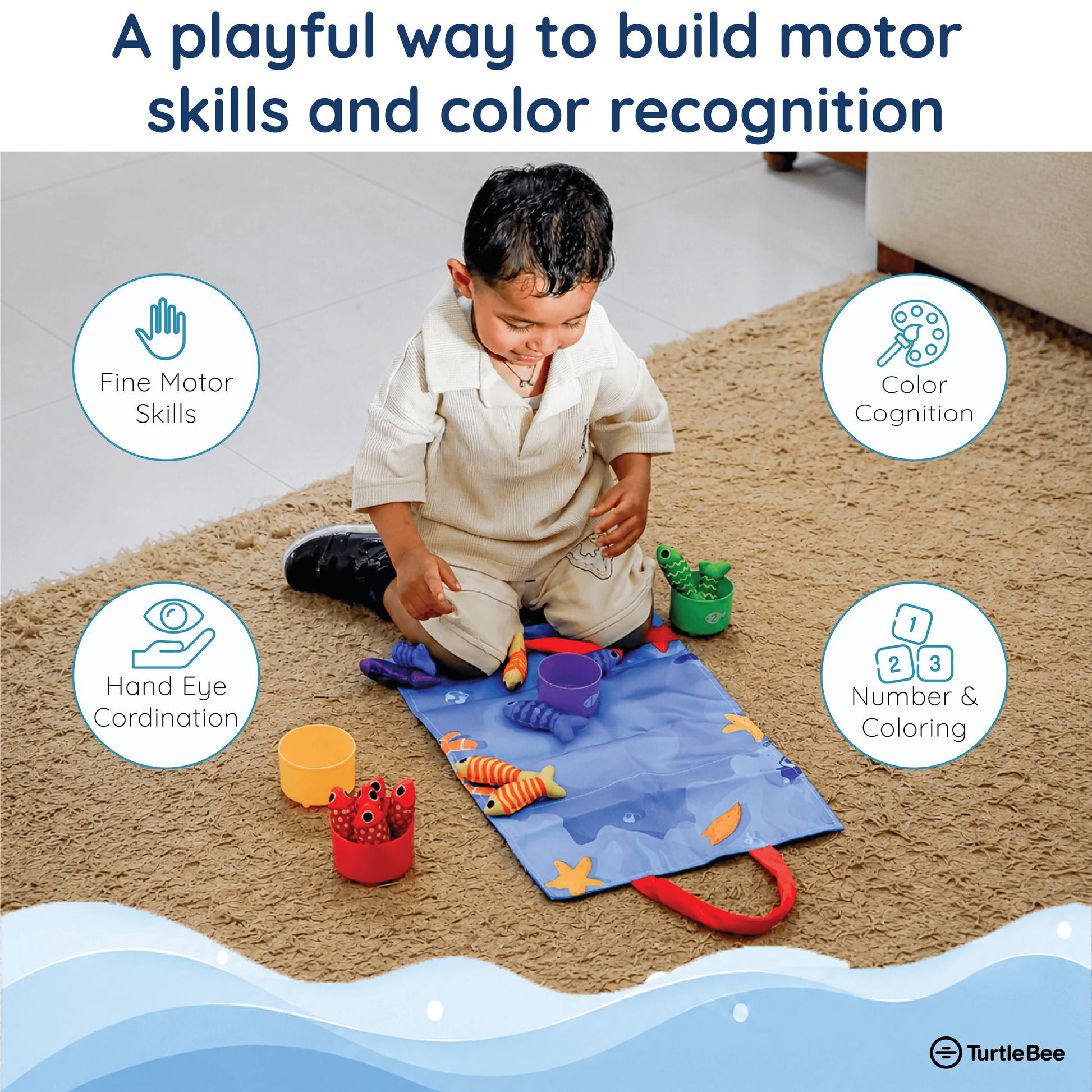 TurtleBee Catch & Count Montessori fishing game for toddlers, featuring colorful fishing rods and fish for early learning fun.