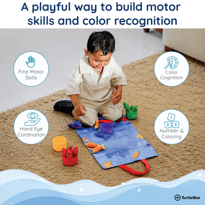 TurtleBee Catch & Count Montessori fishing game for toddlers, featuring colorful fishing rods and fish for early learning fun.