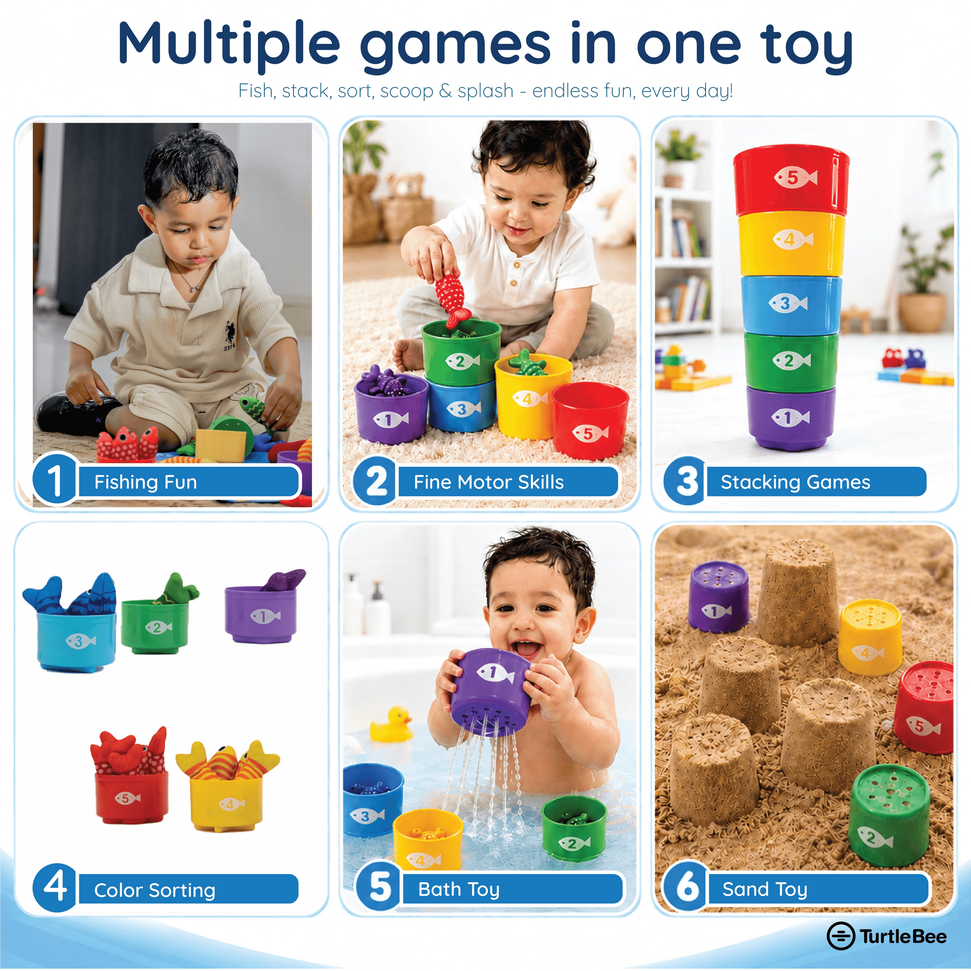 TurtleBee Catch & Count Montessori fishing game for toddlers, featuring colorful fishing rods and toy fish for early learning.