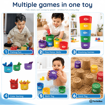 TurtleBee Catch & Count Montessori fishing game for toddlers, featuring colorful fishing rods and toy fish for early learning.