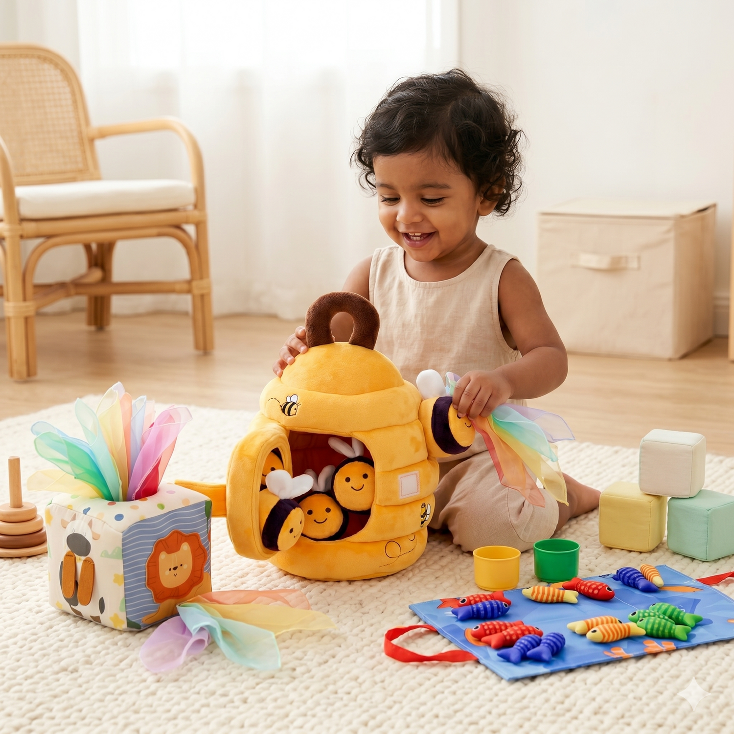 Child playing with colorful toys on a light wooden floor.