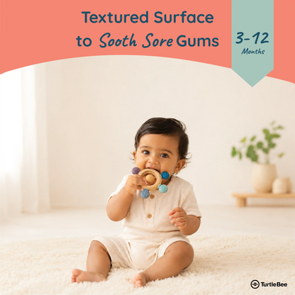 Silicone and wood teether for babies aged 3-12 months, featuring colorful silicone beads and natural wooden elements.