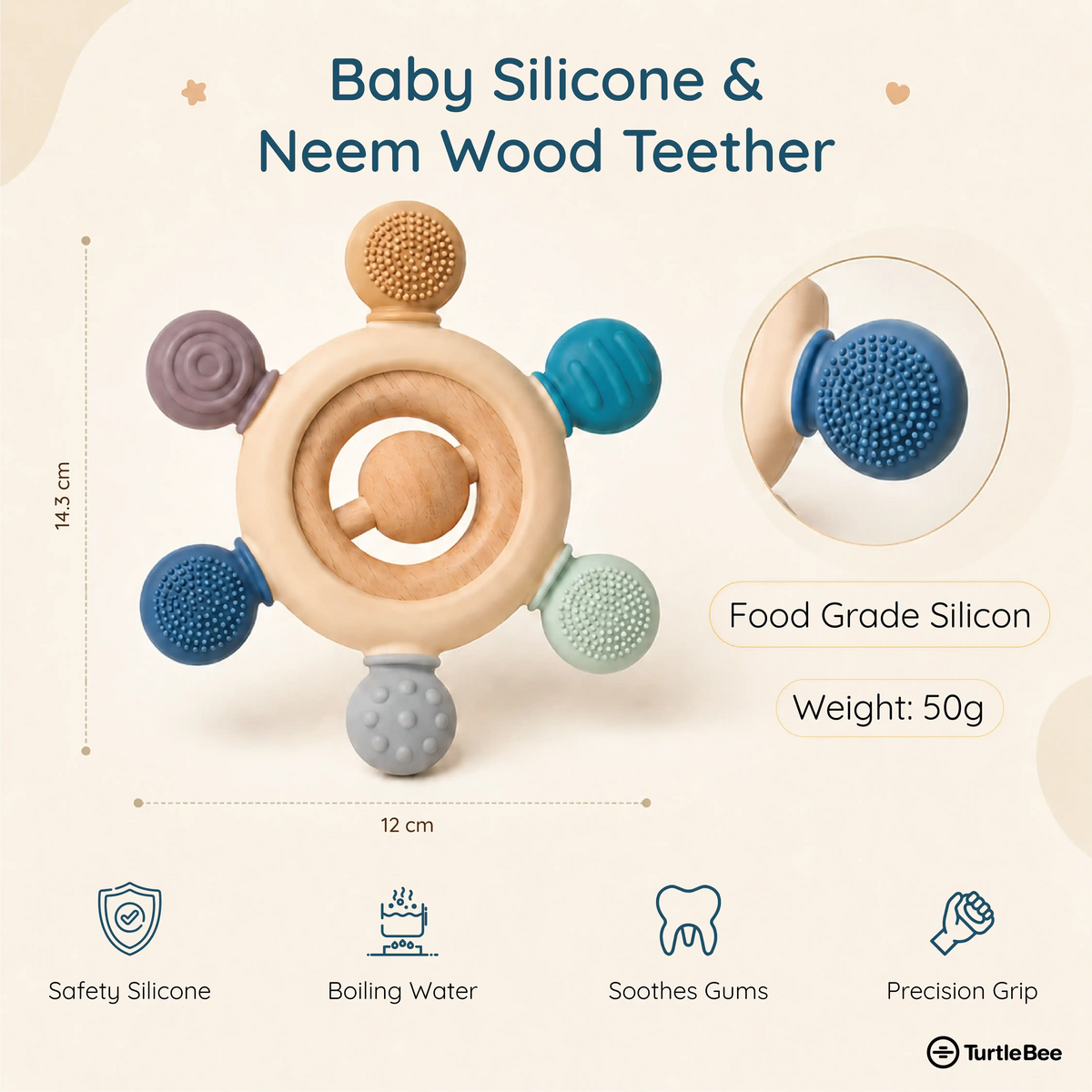 Silicone and wooden teether for babies aged 3-12 months, featuring colorful silicone beads and natural wooden elements.