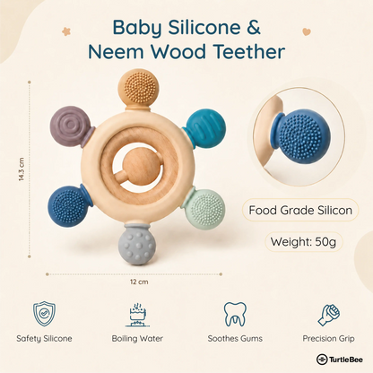 Silicone and wooden teether for babies aged 3-12 months, featuring colorful silicone beads and natural wooden elements.