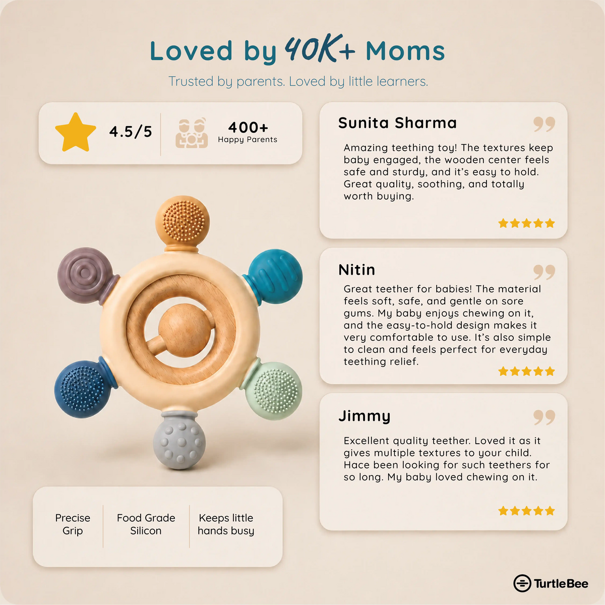 Silicone and wood teether for babies aged 3-12 months, featuring colorful silicone beads and natural wooden elements.