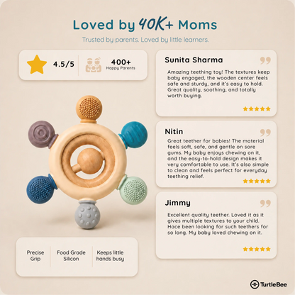 Silicone and wood teether for babies aged 3-12 months, featuring colorful silicone beads and natural wooden elements.