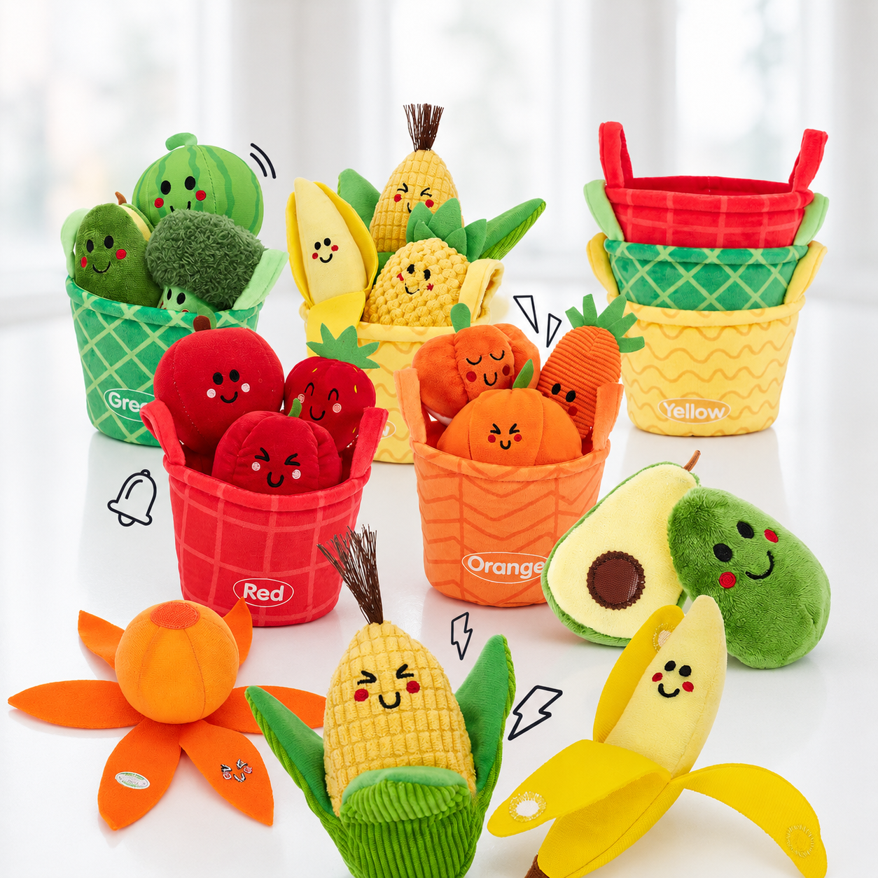 TurtleBee plush veggie basket toy with colorful stuffed vegetables for babies and toddlers, soft and educational Montessori toy.