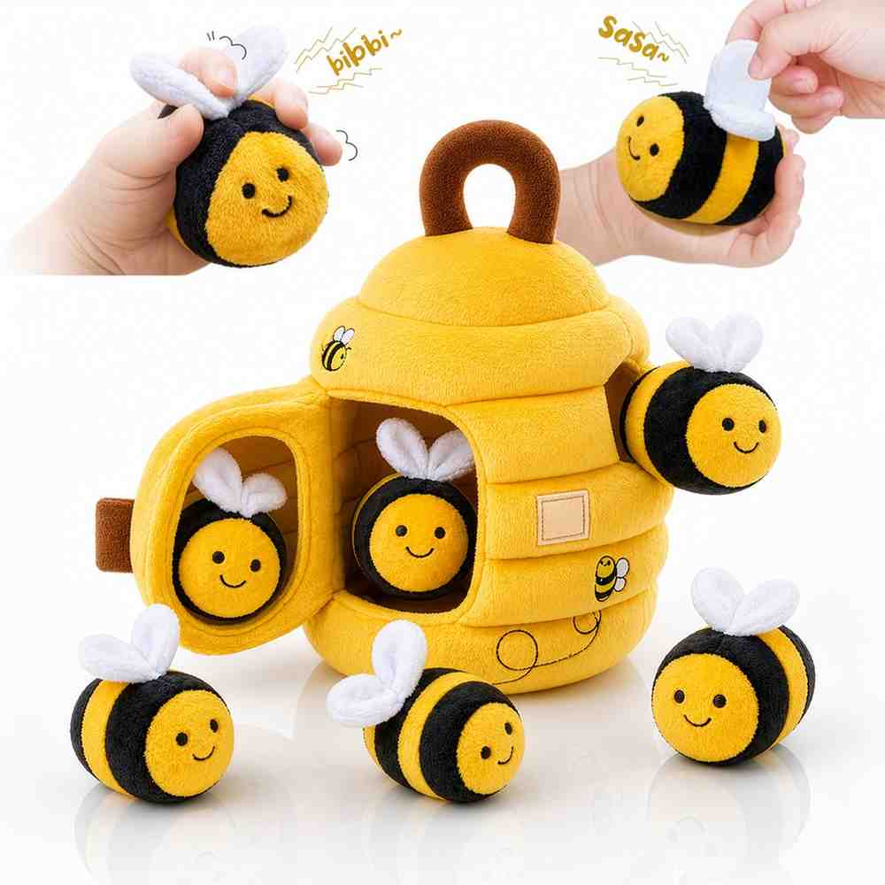 "A plush, yellow beehive toy with a brown handle on top, featuring multiple circular openings. Several small, round, plush bumblebees with black and yellow stripes, white wings, and smiling faces are positioned around the hive: two are nestled inside, one peaks out from a side hole, and three sit on the reflective white surface below. In the top corners, hands squeeze individual bees, showing simulated sound effects 'bibbi~' and 'SaSa~'."