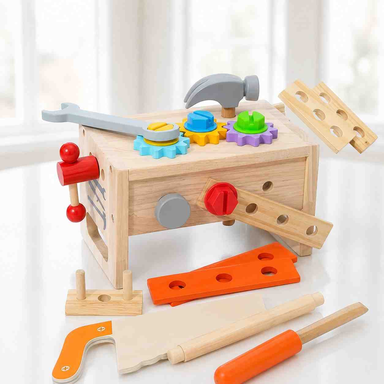 A colorful wooden toy workbench set for children displayed on a bright white surface. The main natural-wood tool bench features colorful interlocking plastic gears, a toy hammer, a wrench, and a built-in vise. Loose wooden toy tools, including a hand saw, a screwdriver, pegs, and building planks in orange and natural wood, are scattered in the foreground.