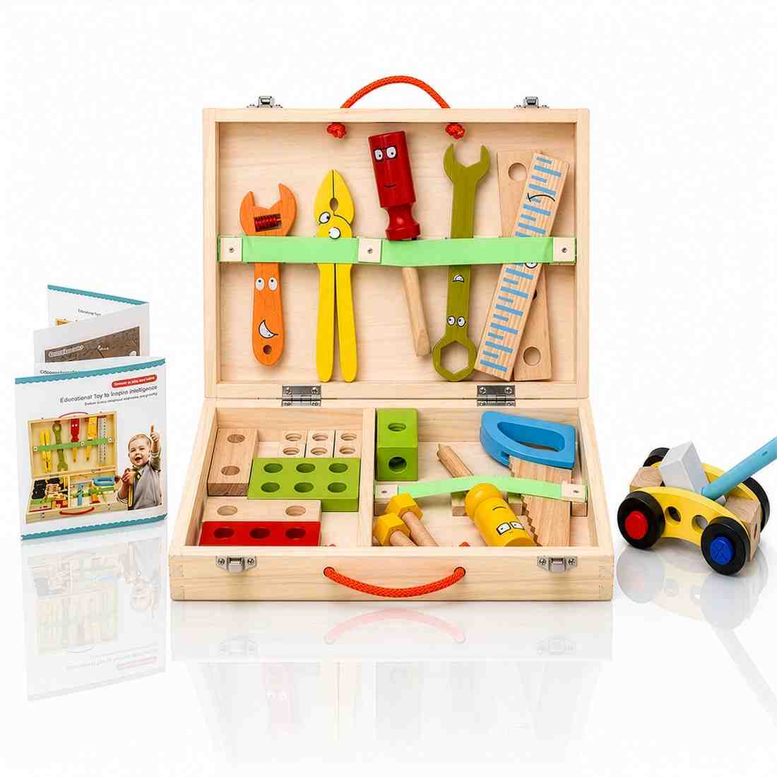 Wooden toy tool set with tools and accessories in a box on a white background