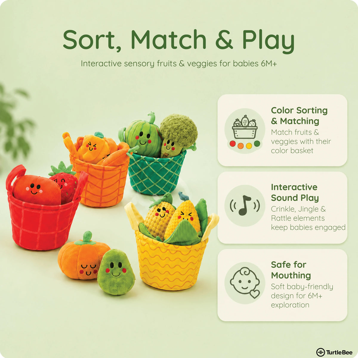 TurtleBee plush vegetable basket toy featuring colorful stuffed vegetables for toddlers and baby play.