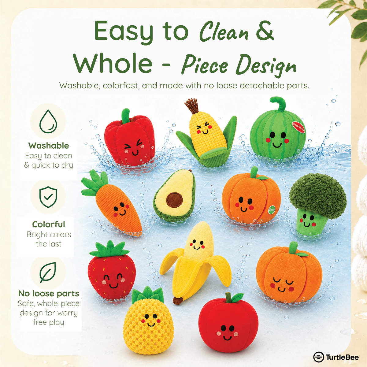 TurtleBee plush veggie basket toy with colorful stuffed vegetables for babies and toddlers, perfect for imaginative play.