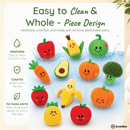 TurtleBee plush veggie basket toy with colorful stuffed vegetables for babies and toddlers, perfect for imaginative play.