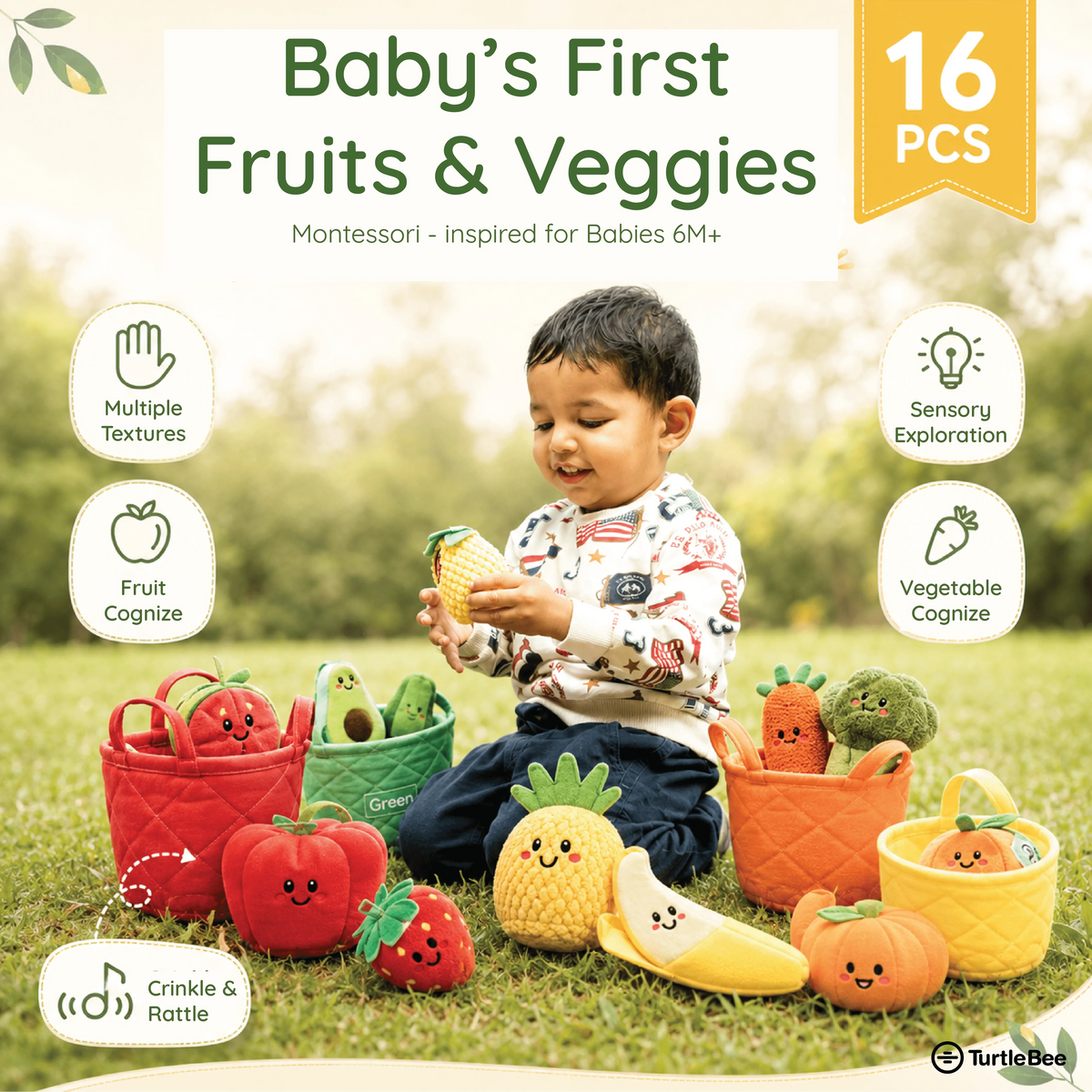 TurtleBee plush veggie basket toy with colorful stuffed vegetables for babies and toddlers, Montessori-inspired educational play.