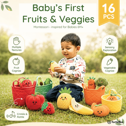 TurtleBee plush veggie basket toy with colorful stuffed vegetables for babies and toddlers, Montessori-inspired educational play.