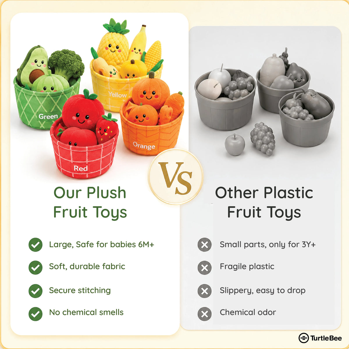 TurtleBee plush veggie basket toy with colorful stuffed vegetables, designed for babies and toddlers for educational play.