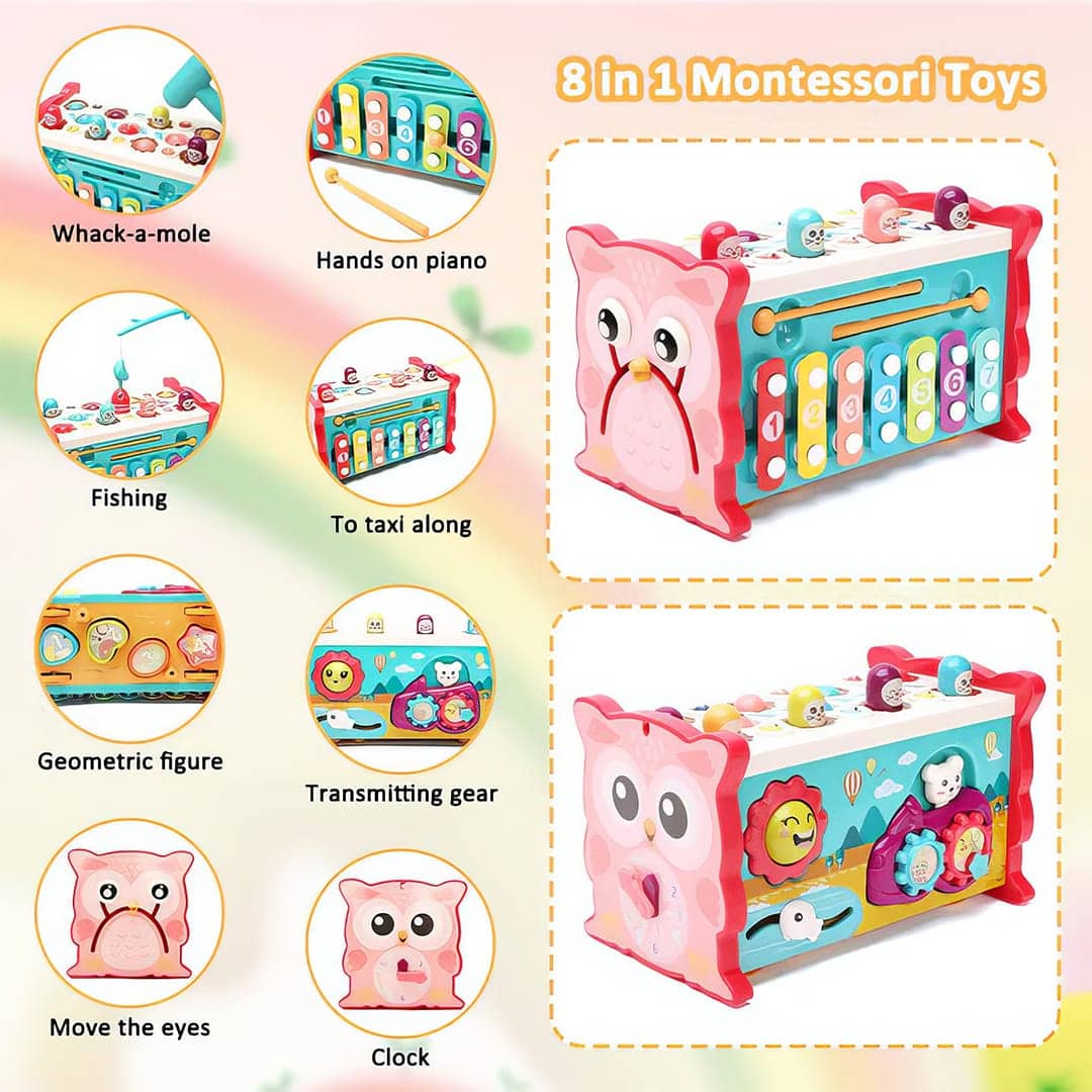 TurtleBee 8-in-1 Montessori activity cube with whack-a-mole, shape sorter, xylophone, clock, and travel-friendly toddler toy.