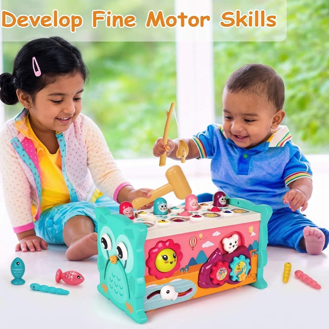 TurtleBee 8-in-1 Montessori activity cube for toddlers with shape sorter, clock, xylophone, and hammering game for early learning.