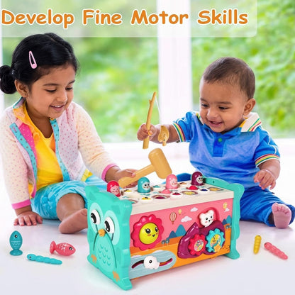 TurtleBee 8-in-1 Montessori activity cube for toddlers with shape sorter, clock, xylophone, and hammering game for early learning.