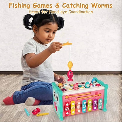 TurtleBee 8-in-1 Montessori activity cube for toddlers with shape sorter, clock, xylophone, fishing game, and hammering toy.