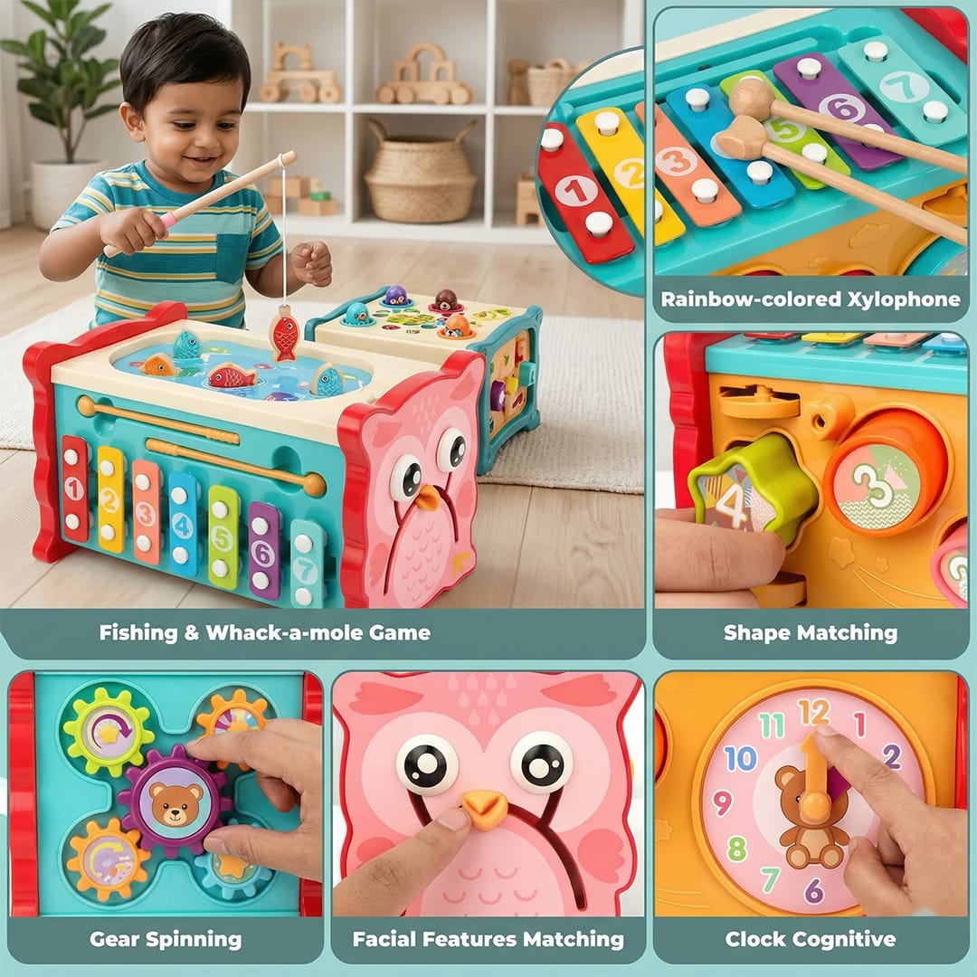 TurtleBee 8-in-1 toddler activity cube with whack-a-mole, shape sorter, xylophone, and clock for early learning and fine motor skills.