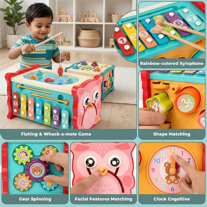TurtleBee 8-in-1 toddler activity cube with whack-a-mole, shape sorter, xylophone, and clock for early learning and fine motor skills.