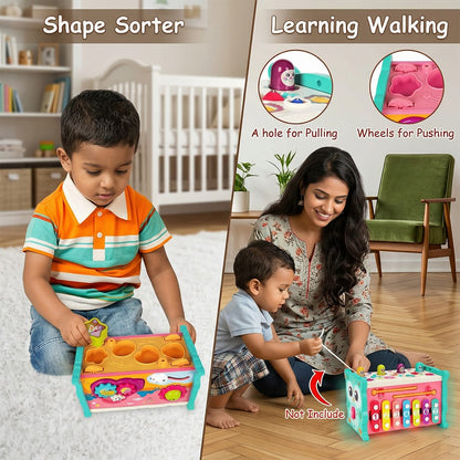 TurtleBee 8-in-1 Montessori toddler activity cube with shape sorter, clock, xylophone, and hammer for early learning and fine motor skills.
