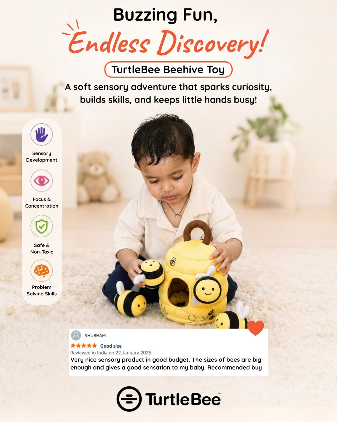 Hide-Seek Sensory Beehive Soft Toy- Premium Plush - TurtleBee