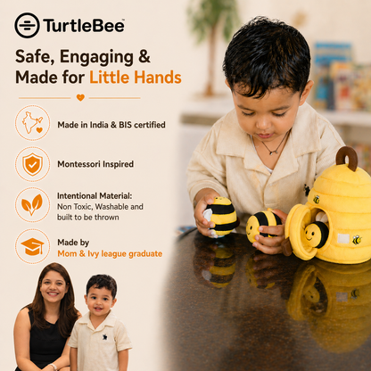 TurtleBee Hide-Seek Sensory Beehive plush toy for babies and toddlers, soft stuffed animal with colorful, textured fabric.