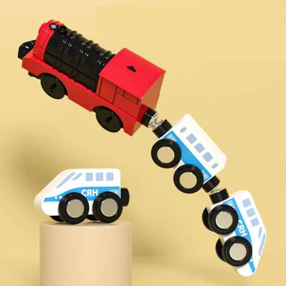 Wooden City building Set featuring a red and black train engine with blue and white passenger cars on a beige background