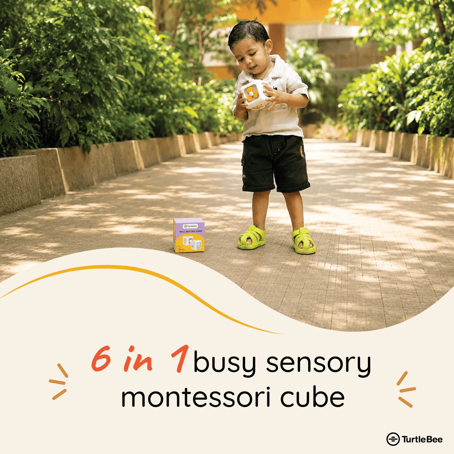 TurtleBee Life Skill Builder Cube Montessori Busy Cube with colorful buttons and shapes for educational play