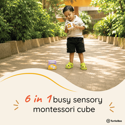 TurtleBee Life Skill Builder Cube Montessori Busy Cube with colorful buttons and shapes for educational play