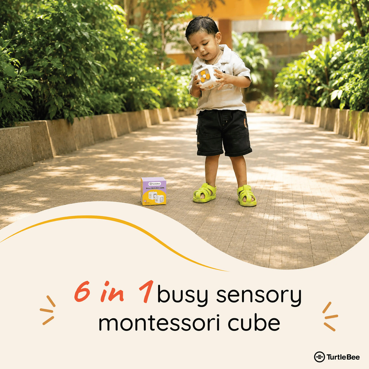 TurtleBee Life Skill Builder Cube Montessori Busy Cube with colorful buttons and shapes for educational play