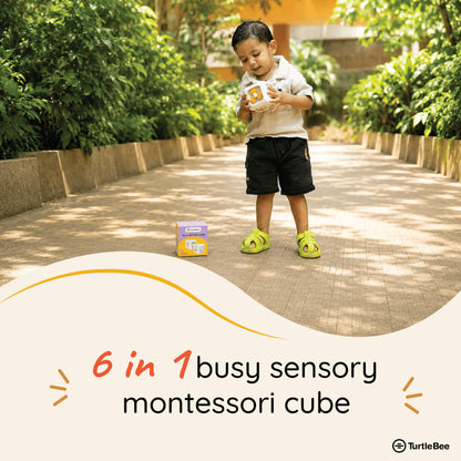 TurtleBee Life Skill Builder Cube Montessori Busy Cube with colorful buttons and shapes for educational play