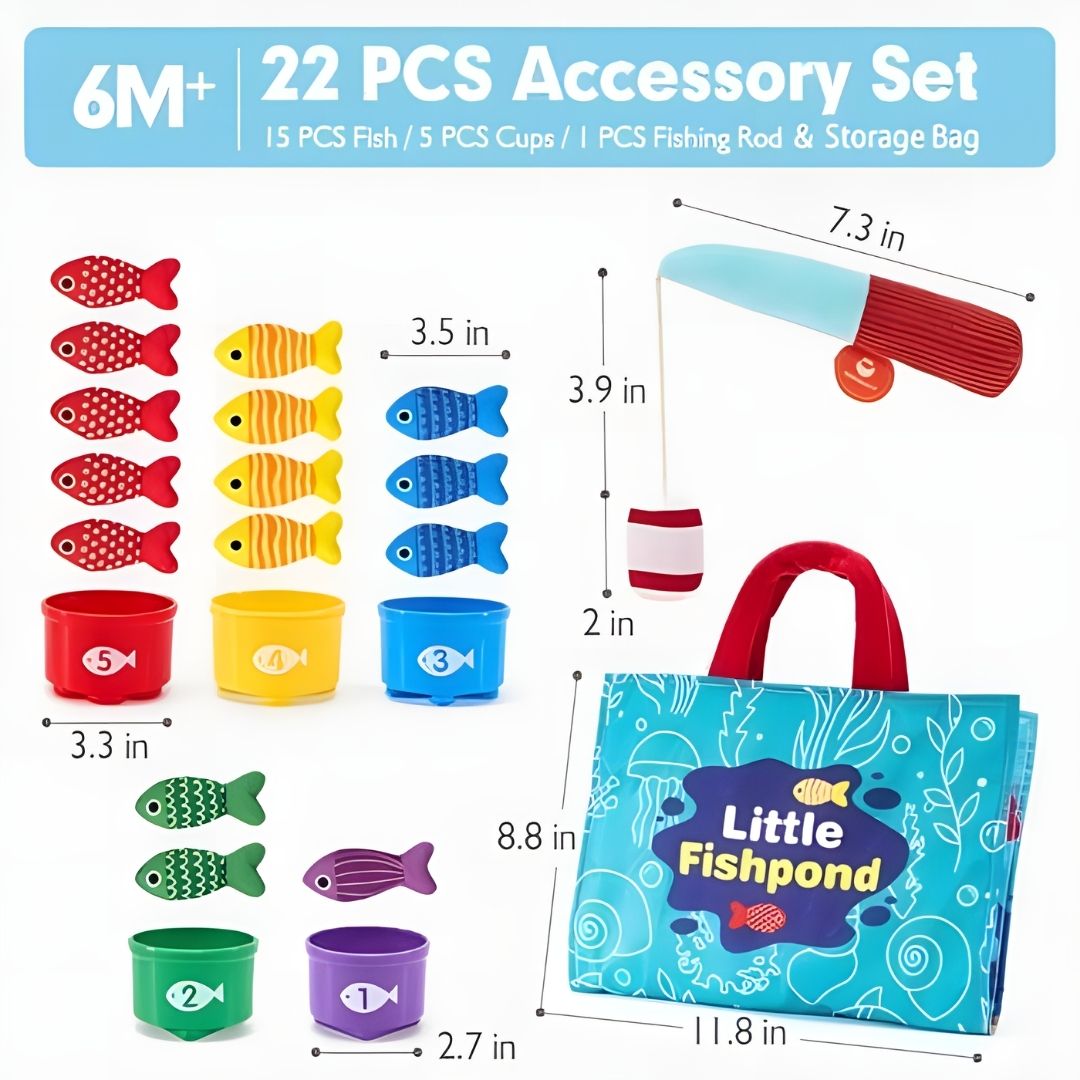 Montessori Fishing Game for Toddlers 1-3 with 22 piece set including colorful fish, fishing rod, cups, and storage bag