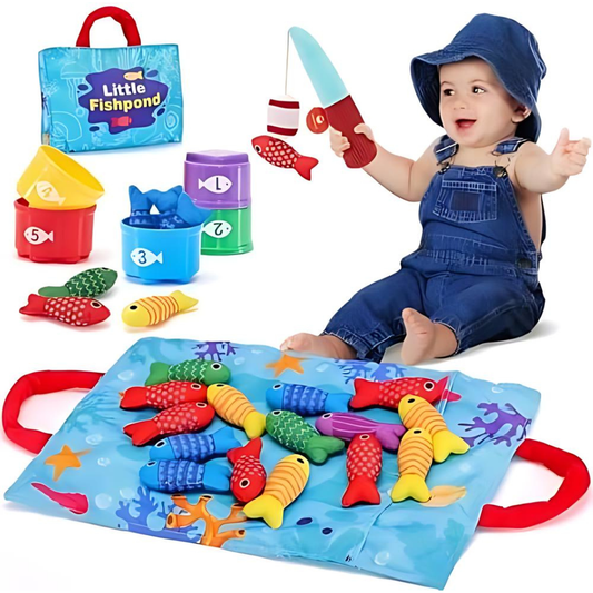 Montessori Fishing Game for Toddlers 1-3 by TurtleBee with colorful fish, fishing rod, and play mat