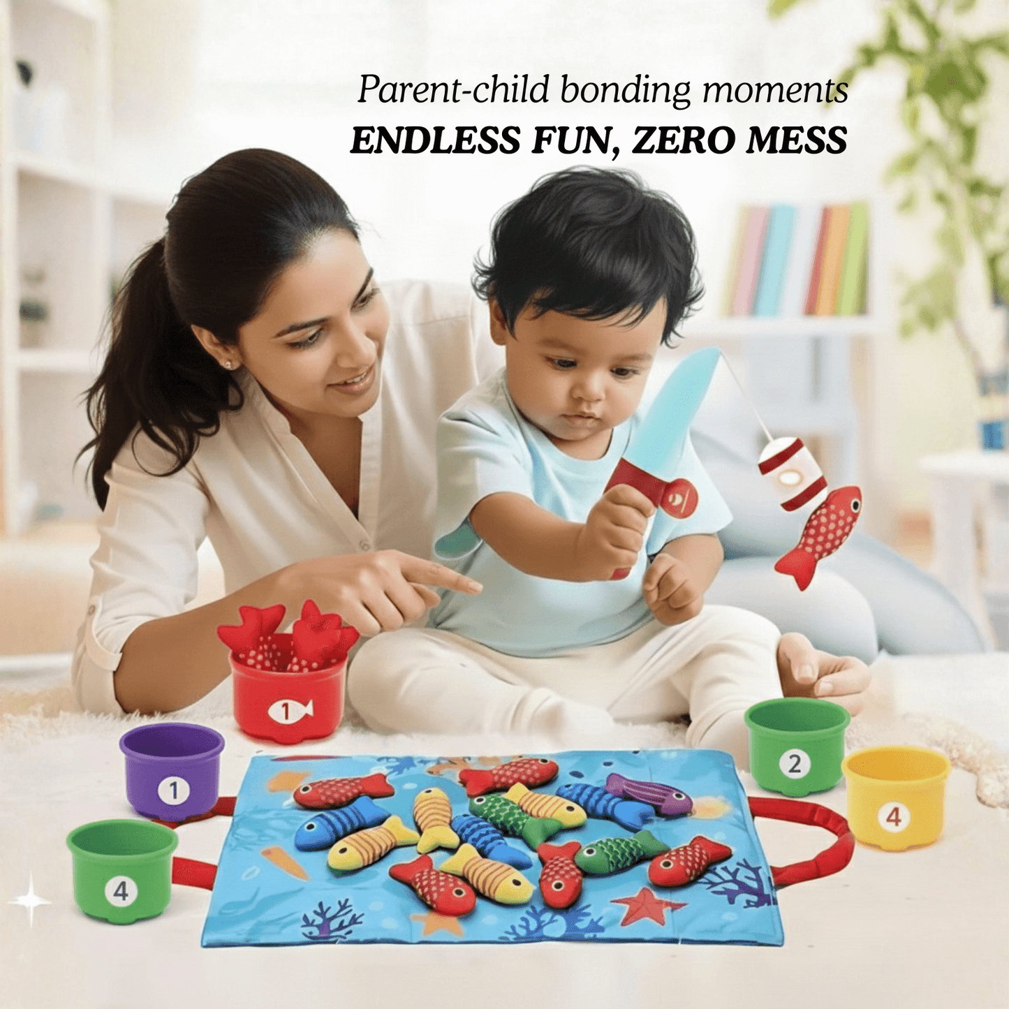 Montessori Fishing Game for Toddlers 1-3 with colorful fish and magnetic fishing rod for parent-child bonding