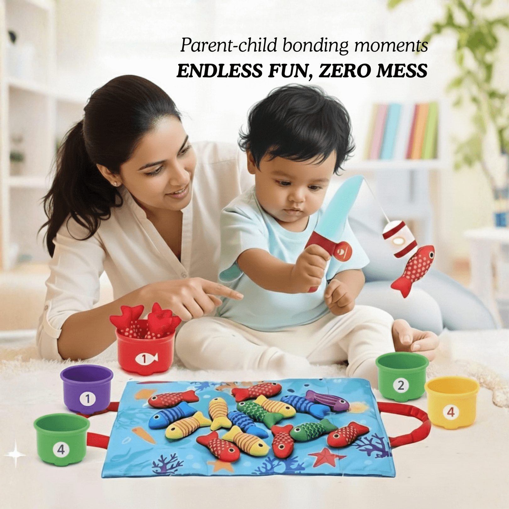 Montessori Fishing Game for Toddlers 1-3 with colorful fish and magnetic fishing rod for parent-child bonding