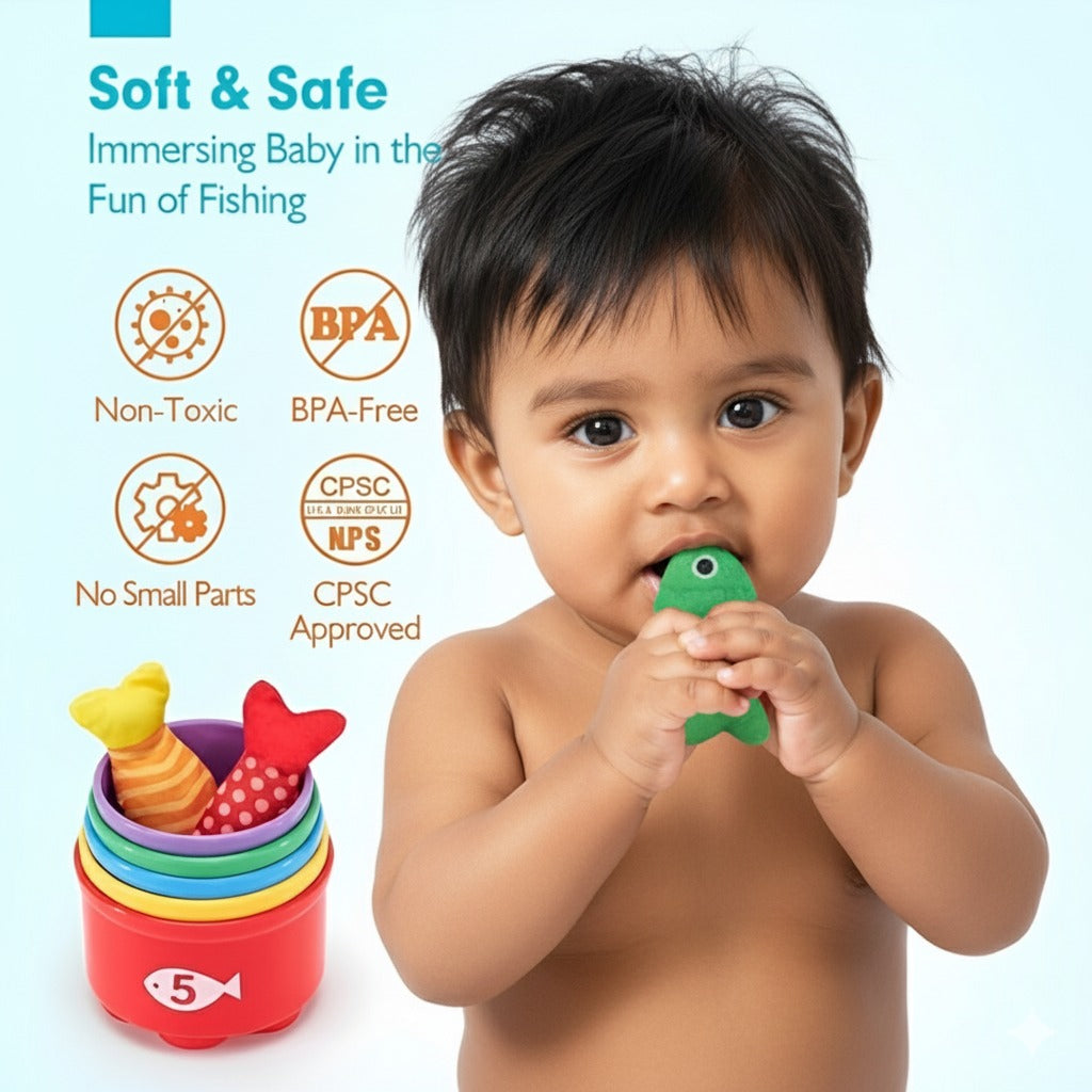 Montessori Fishing Game for Toddlers 1-3 by TurtleBee with safe, non-toxic colorful fish toys and stacking cups