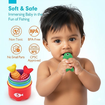 Montessori Fishing Game for Toddlers 1-3 by TurtleBee with safe, non-toxic colorful fish toys and stacking cups