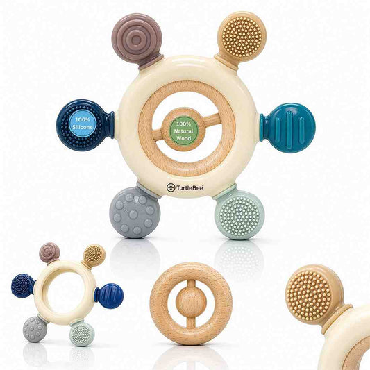 A TurtleBee multi-textured baby teether toy made of cream silicone and natural wood. The main wheel-shaped toy has six colorful, textured silicone nubs extending from its perimeter, with a smaller wooden rattle ring in the center. Smaller inset images show the toy from different angles and emphasize its natural wood components.