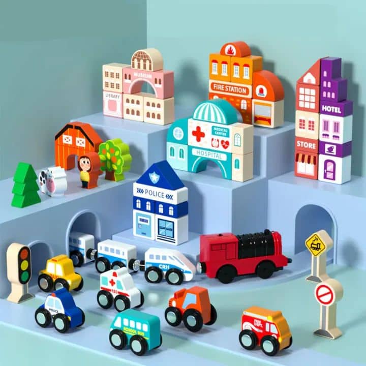 Wooden City building Set by TurtleBee featuring colorful hospital police fire station hotel and vehicles